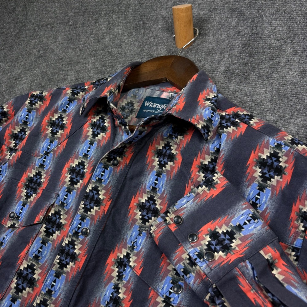 Wrangler Western Shirt Mens Medium Blue Orange Aztec Geometric Snap Button Up